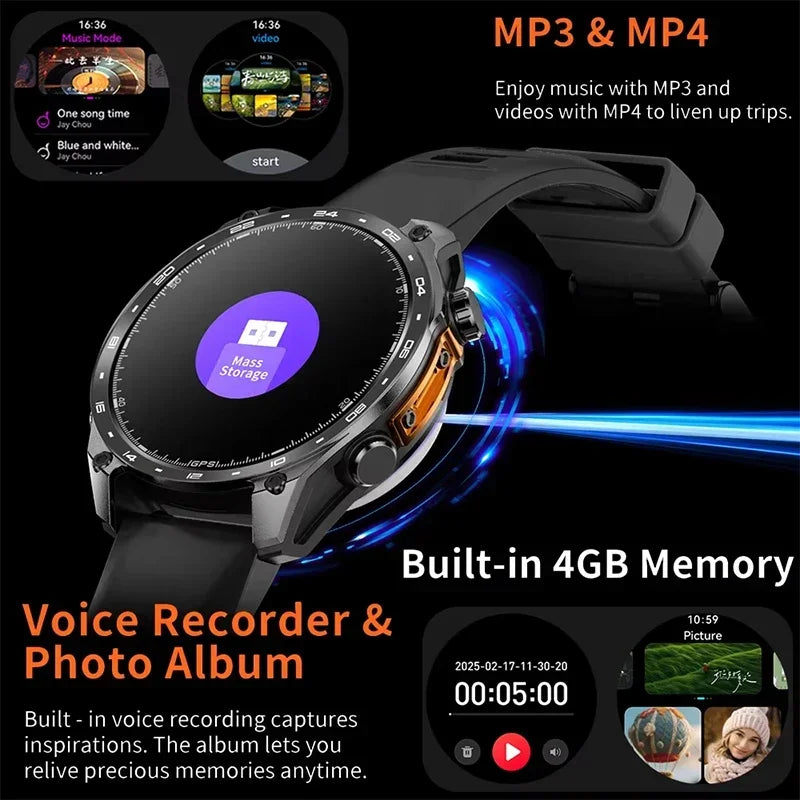 2026 New Men Smart Watch with Built in GPS Maps BT Call 100+ Sport Modes 3ATM Waterproof MP3 MP4 Playback Altitude Compass