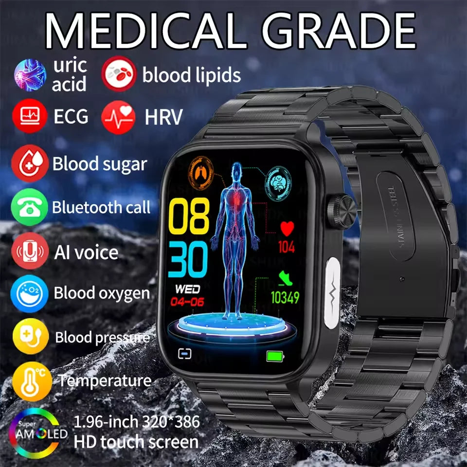 2025New Al Medical Diagnosis Blood Lpids Uric Acid Blood Glucose Smart Watch Men ECG+PPG Voice Bluetooth Call Health Smartwatch