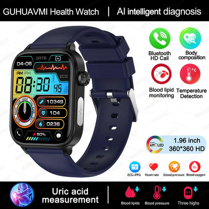2025New Al Medical Diagnosis Blood Lpids Uric Acid Blood Glucose Smart Watch Men ECG+PPG Voice Bluetooth Call Health Smartwatch