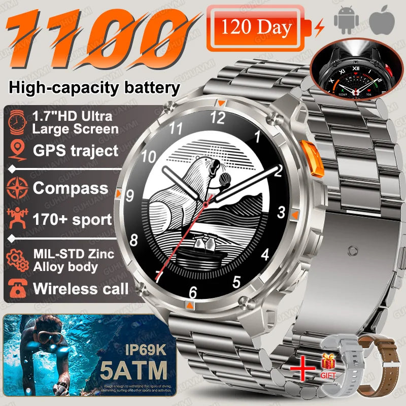 2026 New T-Rex3 Ultra 1100Mah Military Smart Watch Men 1.7"AMOLED GPS Path 5ATM Waterproof Compass LED Flashlight Smartwatch iOS