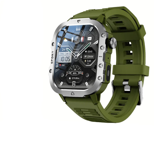 Smartwatch with green band and detailed display on a white background