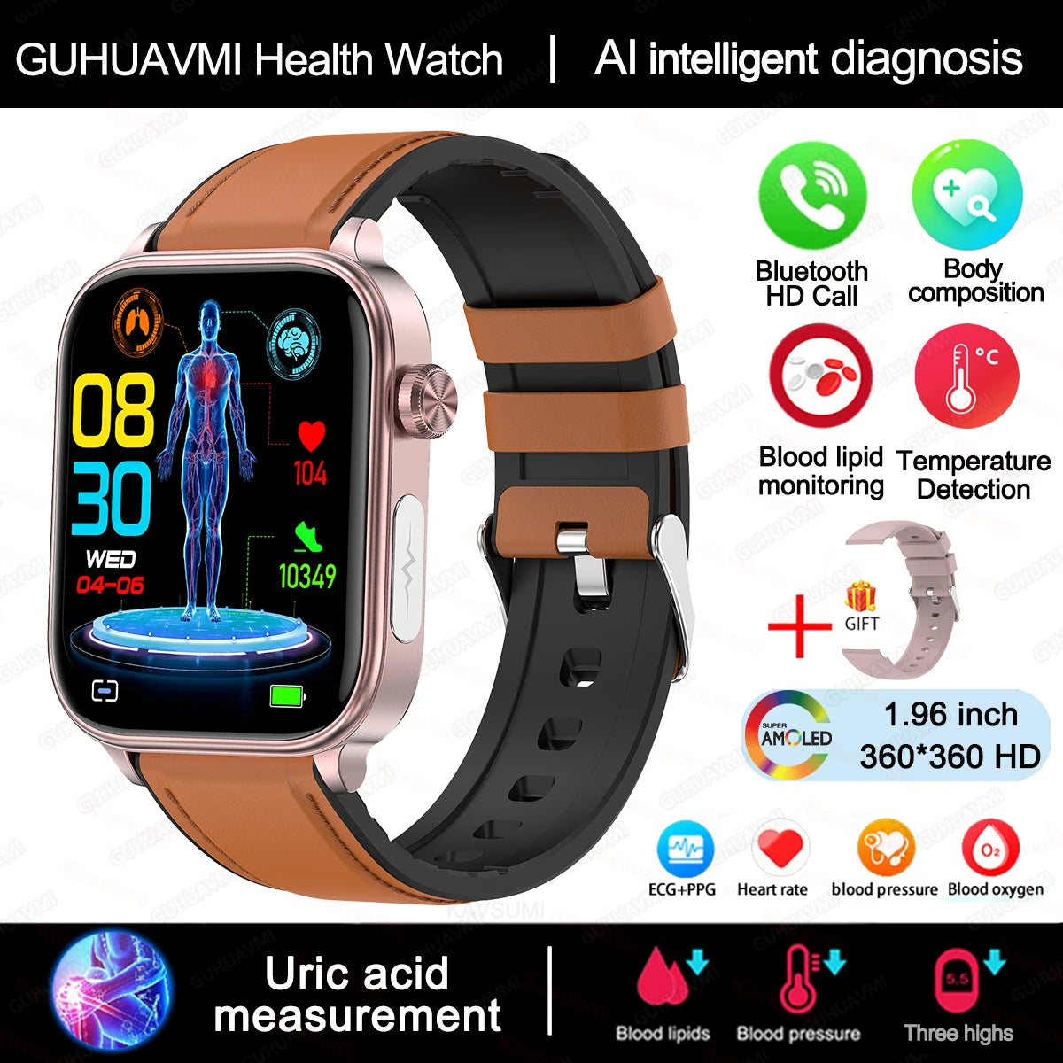 2025New Al Medical Diagnosis Blood Lpids Uric Acid Blood Glucose Smart Watch Men ECG+PPG Voice Bluetooth Call Health Smartwatch