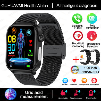 2025New Al Medical Diagnosis Blood Lpids Uric Acid Blood Glucose Smart Watch Men ECG+PPG Voice Bluetooth Call Health Smartwatch
