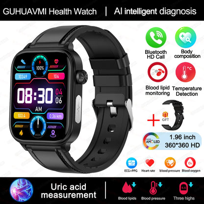 2025New Al Medical Diagnosis Blood Lpids Uric Acid Blood Glucose Smart Watch Men ECG+PPG Voice Bluetooth Call Health Smartwatch