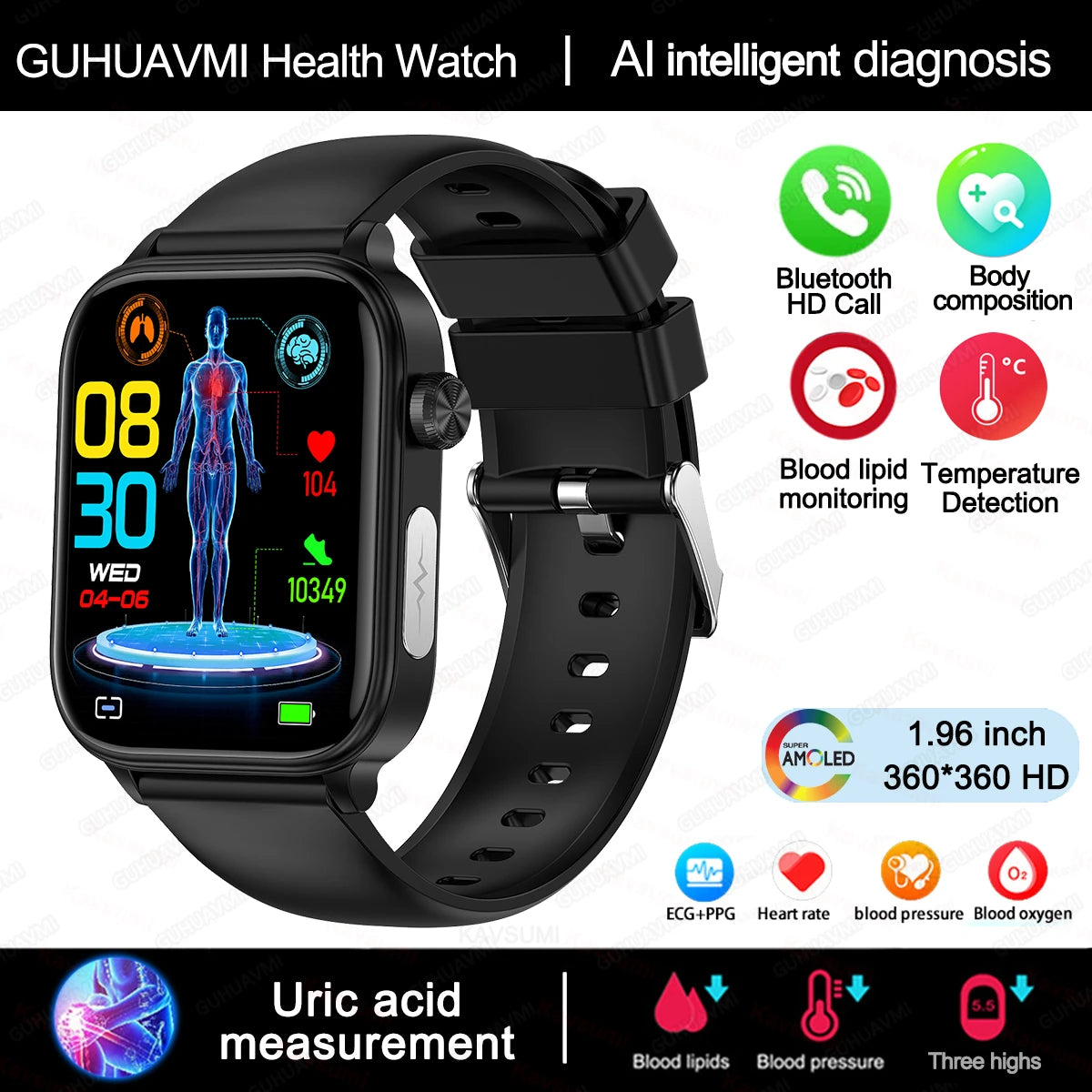 2025New Al Medical Diagnosis Blood Lpids Uric Acid Blood Glucose Smart Watch Men ECG+PPG Voice Bluetooth Call Health Smartwatch