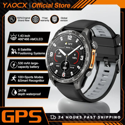 2026 New Men Smart Watch with Built in GPS Maps BT Call 100+ Sport Modes 3ATM Waterproof MP3 MP4 Playback Altitude Compass