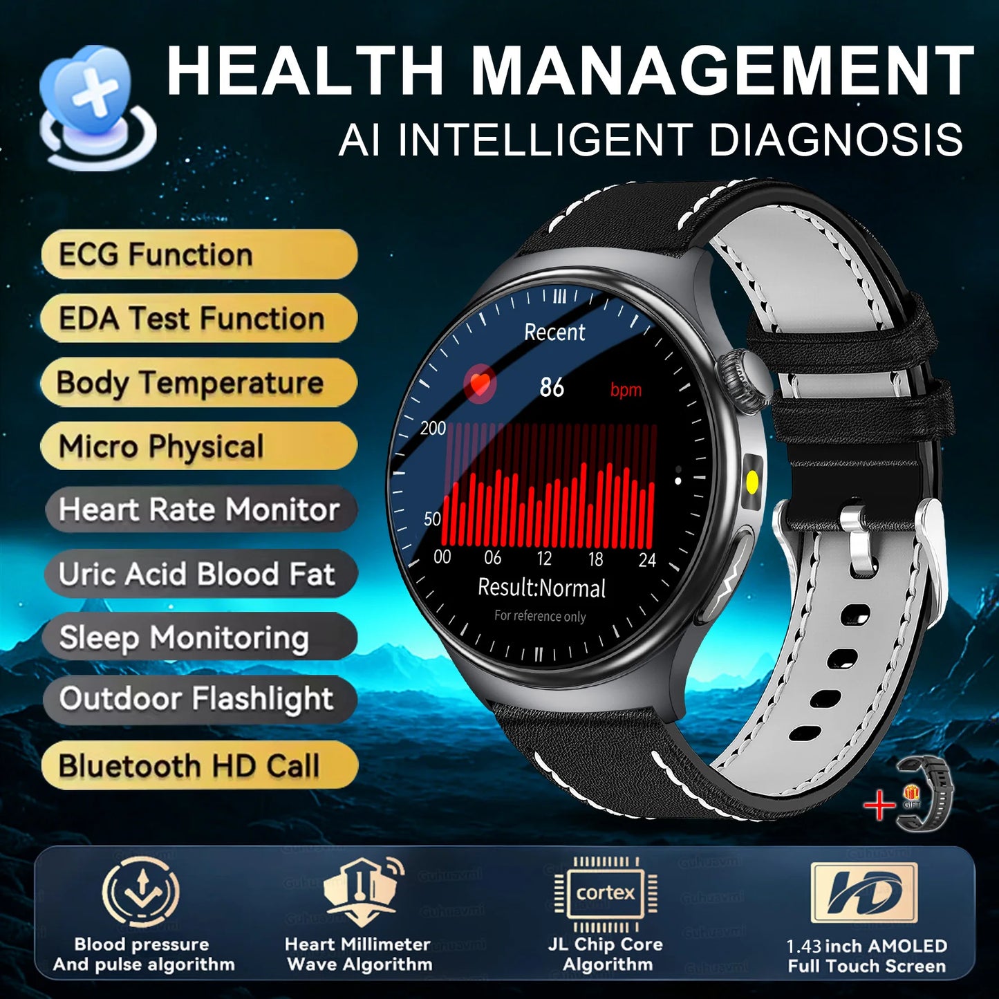 2026 New Accurate Diagnosis Smart Watch Body Fat ECG Blood oxygen BP Health Sport HD AMOLED Screen call Smart watch Men women