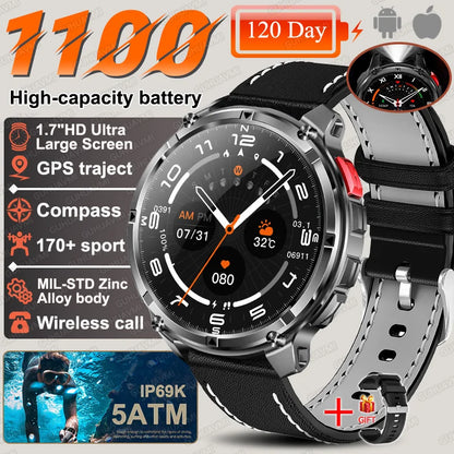 2026 New T-Rex3 Ultra 1100Mah Military Smart Watch Men 1.7"AMOLED GPS Path 5ATM Waterproof Compass LED Flashlight Smartwatch iOS