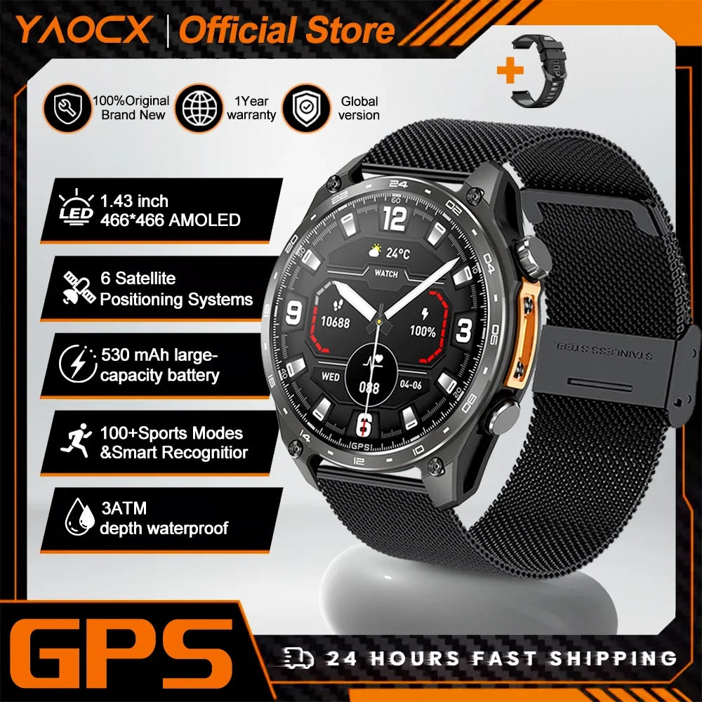 2026 New Men Smart Watch with Built in GPS Maps BT Call 100+ Sport Modes 3ATM Waterproof MP3 MP4 Playback Altitude Compass