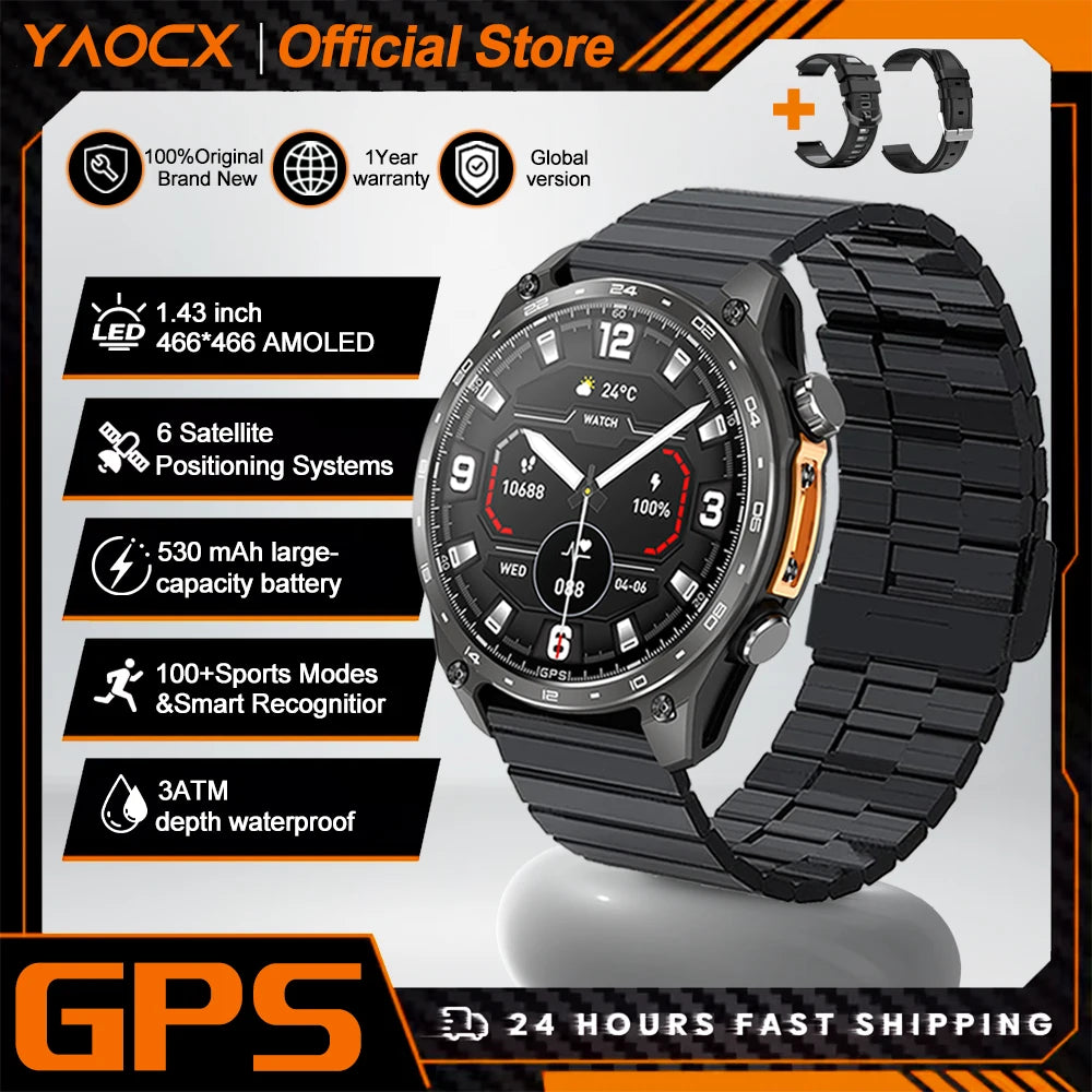2026 New Men Smart Watch with Built in GPS Maps BT Call 100+ Sport Modes 3ATM Waterproof MP3 MP4 Playback Altitude Compass