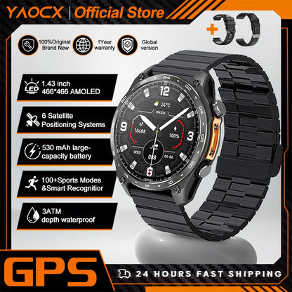 2026 New Men Smart Watch with Built in GPS Maps BT Call 100+ Sport Modes 3ATM Waterproof MP3 MP4 Playback Altitude Compass