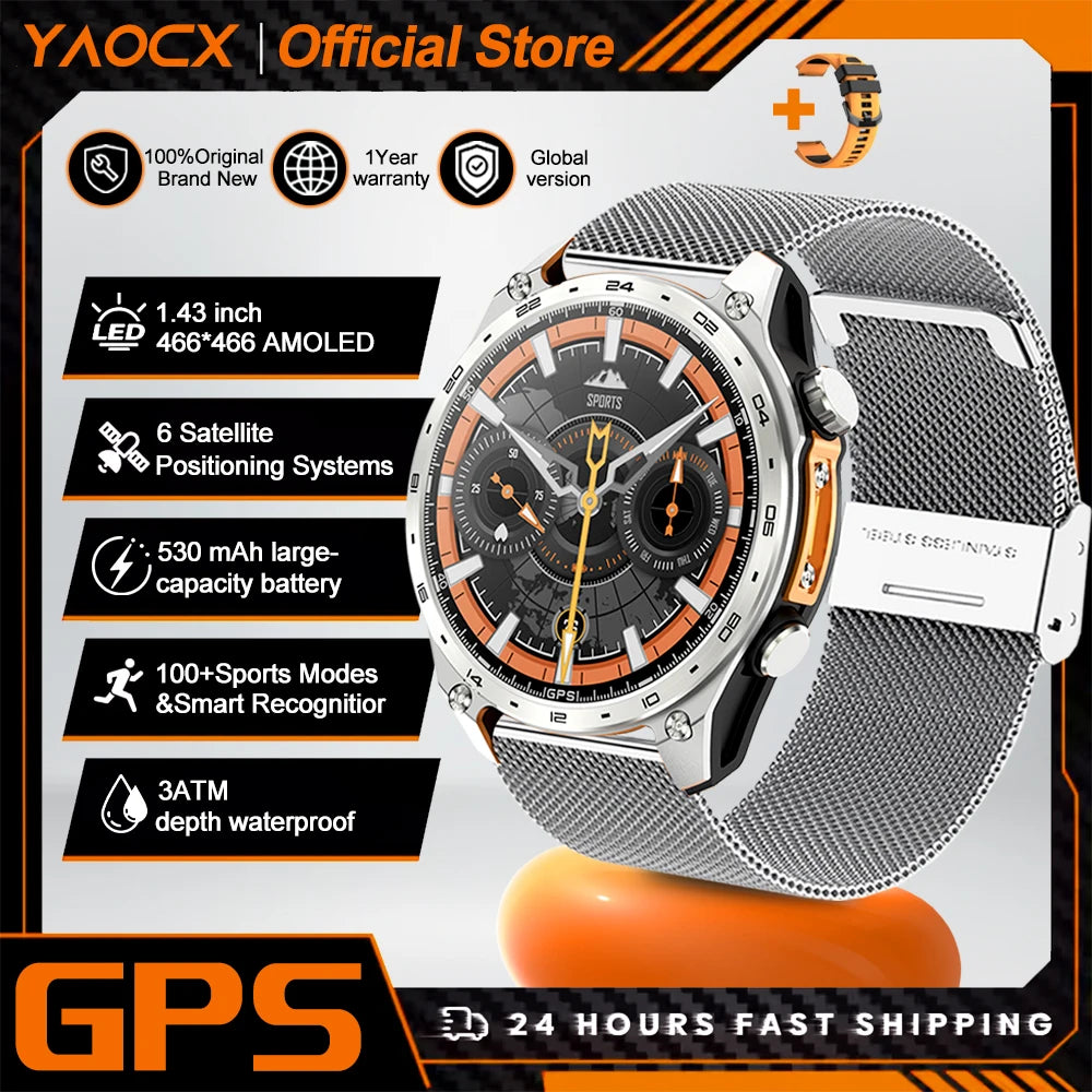 2026 New Men Smart Watch with Built in GPS Maps BT Call 100+ Sport Modes 3ATM Waterproof MP3 MP4 Playback Altitude Compass