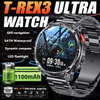 2026 New T-Rex3 Ultra 1100Mah Military Smart Watch Men 1.7"AMOLED GPS Path 5ATM Waterproof Compass LED Flashlight Smartwatch iOS