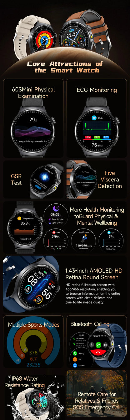 2026 New Accurate Diagnosis Smart Watch Body Fat ECG Blood oxygen BP Health Sport HD AMOLED Screen call Smart watch Men women