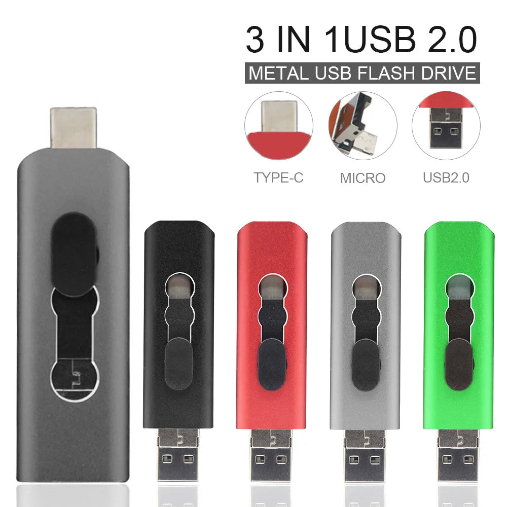 3-in-1 USB Flash Drive | USB-A, Type-C & Micro USB | OTG