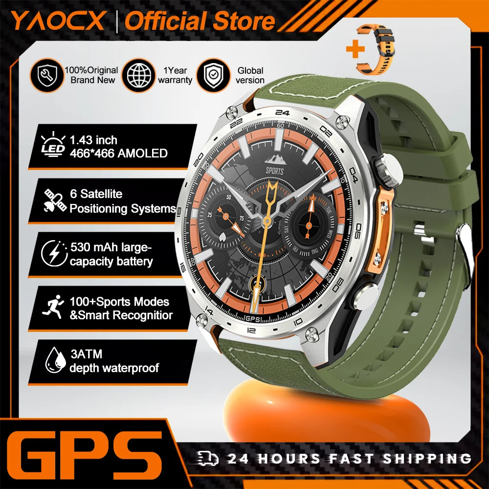 2026 New Men Smart Watch with Built in GPS Maps BT Call 100+ Sport Modes 3ATM Waterproof MP3 MP4 Playback Altitude Compass