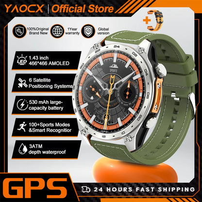 2026 New Men Smart Watch with Built in GPS Maps BT Call 100+ Sport Modes 3ATM Waterproof MP3 MP4 Playback Altitude Compass