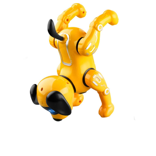 Yellow robot dog toy with touch sensing features on a white background
