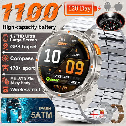 2026 New T-Rex3 Ultra 1100Mah Military Smart Watch Men 1.7"AMOLED GPS Path 5ATM Waterproof Compass LED Flashlight Smartwatch iOS