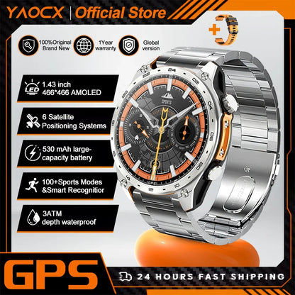 2026 New Men Smart Watch with Built in GPS Maps BT Call 100+ Sport Modes 3ATM Waterproof MP3 MP4 Playback Altitude Compass