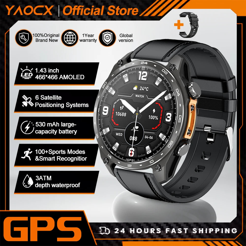 2026 New Men Smart Watch with Built in GPS Maps BT Call 100+ Sport Modes 3ATM Waterproof MP3 MP4 Playback Altitude Compass