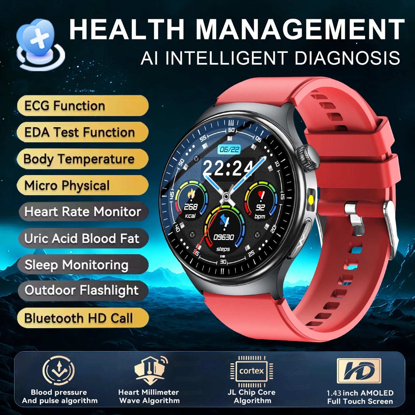 2026 New Accurate Diagnosis Smart Watch Body Fat ECG Blood oxygen BP Health Sport HD AMOLED Screen call Smart watch Men women