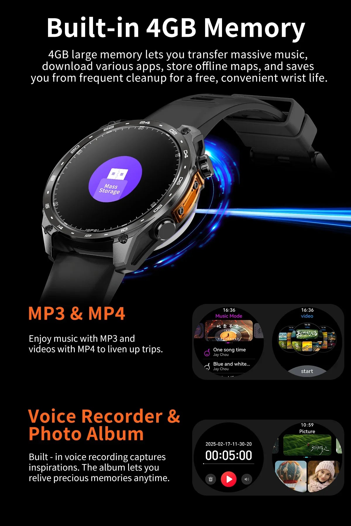 2026 New Men Smart Watch with Built in GPS Maps BT Call 100+ Sport Modes 3ATM Waterproof MP3 MP4 Playback Altitude Compass