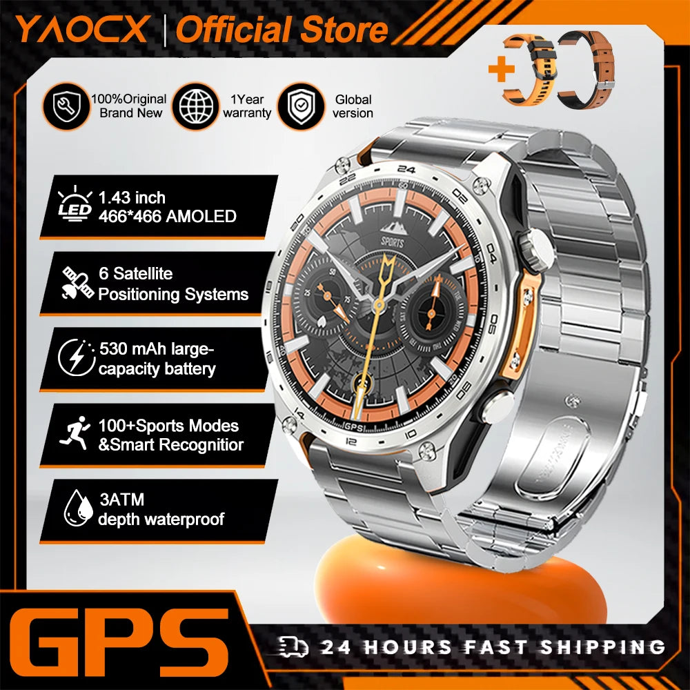2026 New Men Smart Watch with Built in GPS Maps BT Call 100+ Sport Modes 3ATM Waterproof MP3 MP4 Playback Altitude Compass