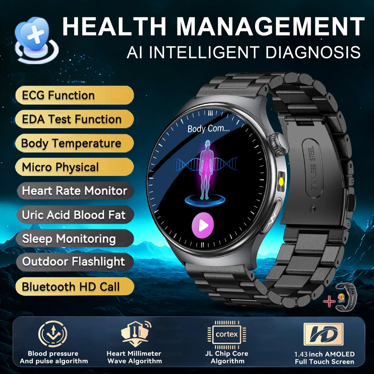 2026 New Accurate Diagnosis Smart Watch Body Fat ECG Blood oxygen BP Health Sport HD AMOLED Screen call Smart watch Men women