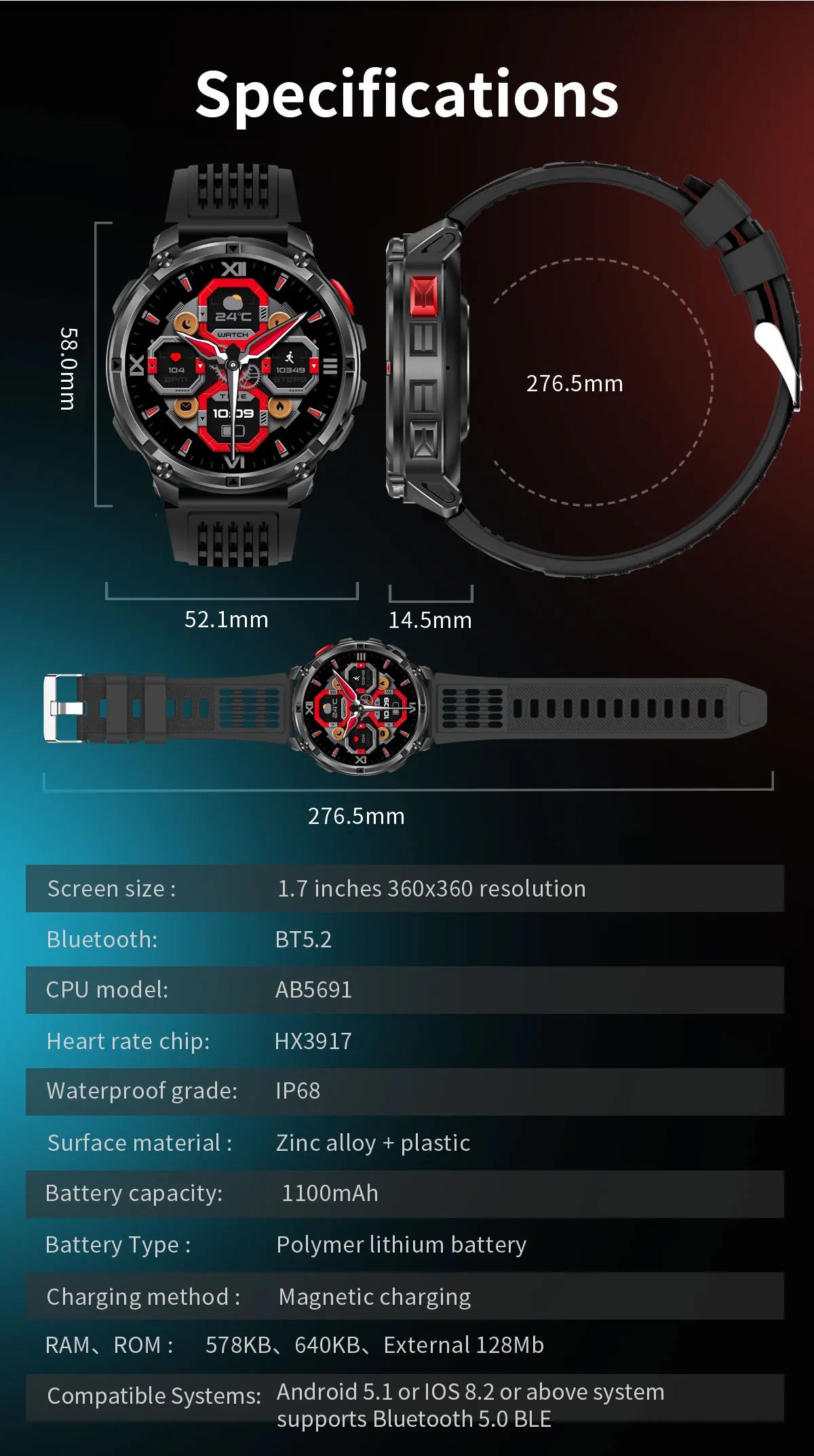 2026 New T-Rex3 Ultra 1100Mah Military Smart Watch Men 1.7"AMOLED GPS Path 5ATM Waterproof Compass LED Flashlight Smartwatch iOS