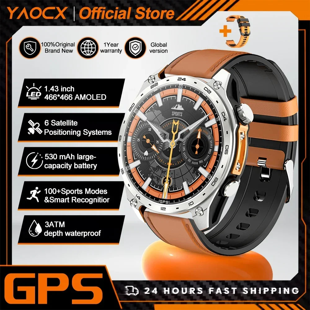 2026 New Men Smart Watch with Built in GPS Maps BT Call 100+ Sport Modes 3ATM Waterproof MP3 MP4 Playback Altitude Compass
