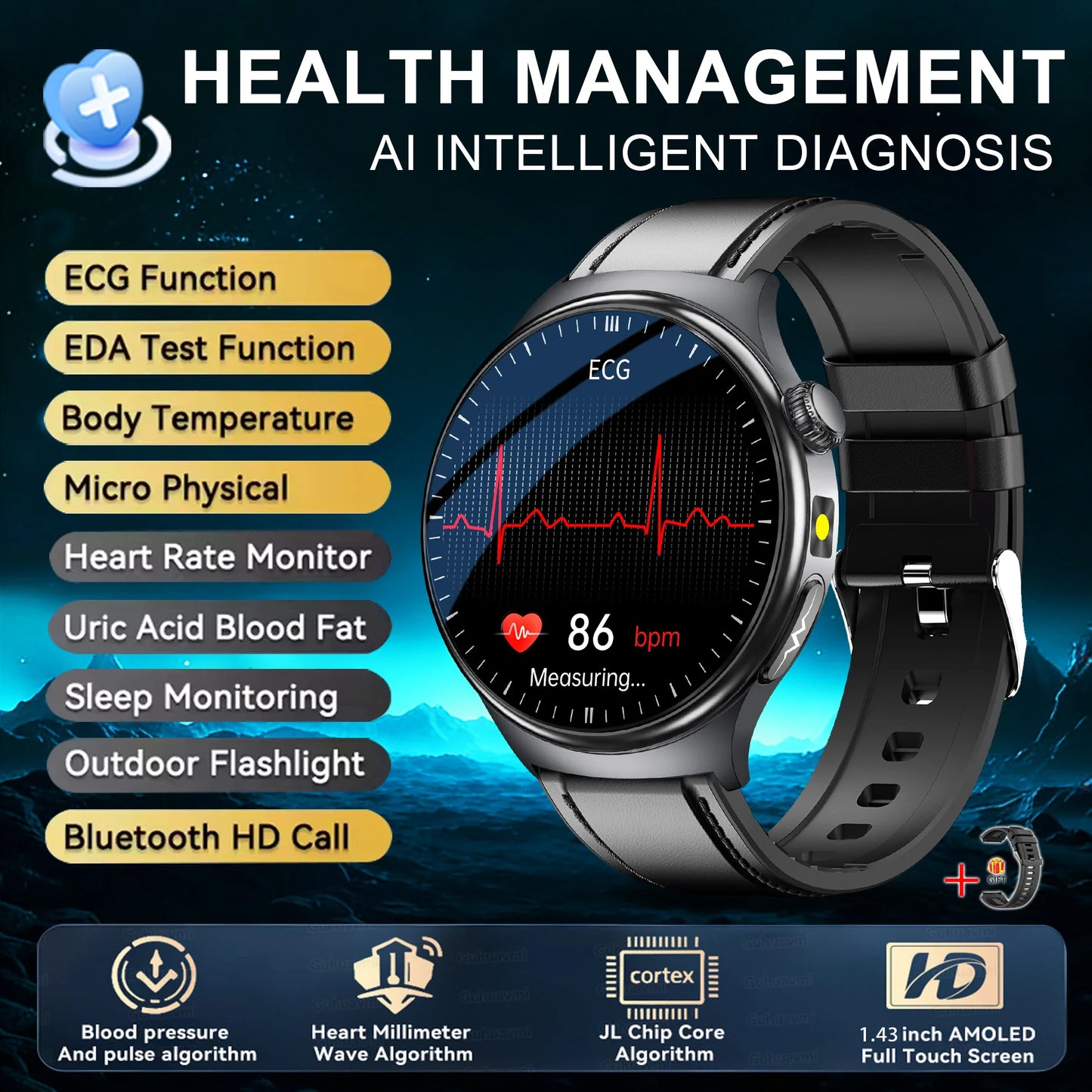 2026 New Accurate Diagnosis Smart Watch Body Fat ECG Blood oxygen BP Health Sport HD AMOLED Screen call Smart watch Men women