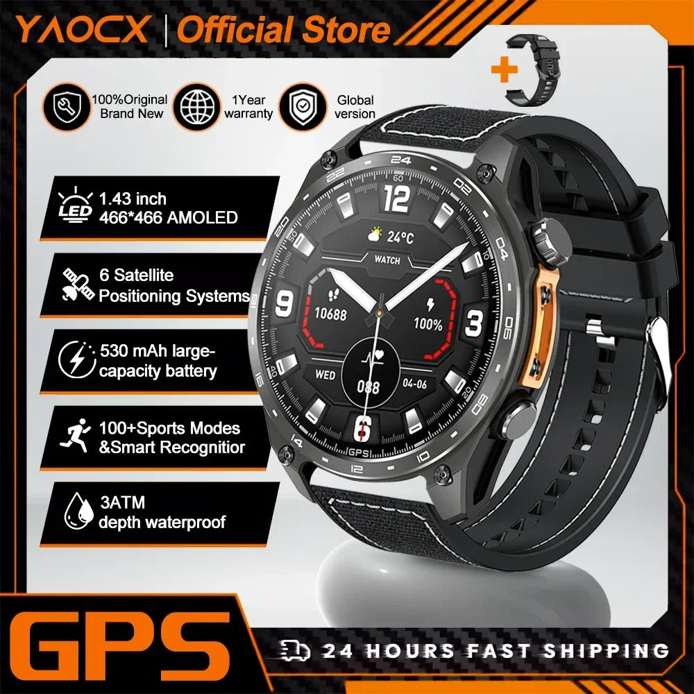2026 New Men Smart Watch with Built in GPS Maps BT Call 100+ Sport Modes 3ATM Waterproof MP3 MP4 Playback Altitude Compass