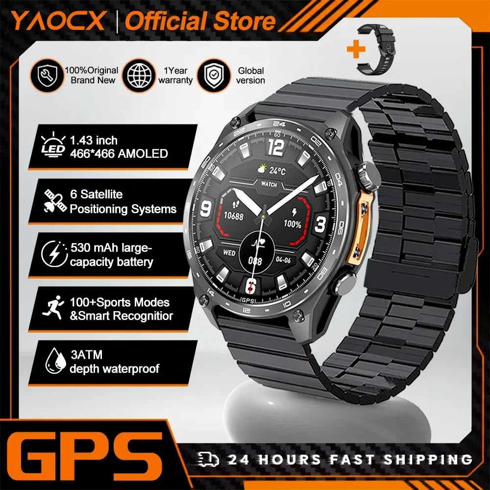 2026 New Men Smart Watch with Built in GPS Maps BT Call 100+ Sport Modes 3ATM Waterproof MP3 MP4 Playback Altitude Compass