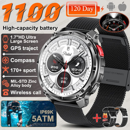 2026 New T-Rex3 Ultra 1100Mah Military Smart Watch Men 1.7"AMOLED GPS Path 5ATM Waterproof Compass LED Flashlight Smartwatch iOS