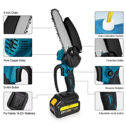 Mini Electric Chainsaw | 6" Cordless Li-Ion | One-Hand Use