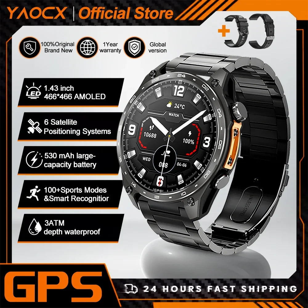 2026 New Men Smart Watch with Built in GPS Maps BT Call 100+ Sport Modes 3ATM Waterproof MP3 MP4 Playback Altitude Compass