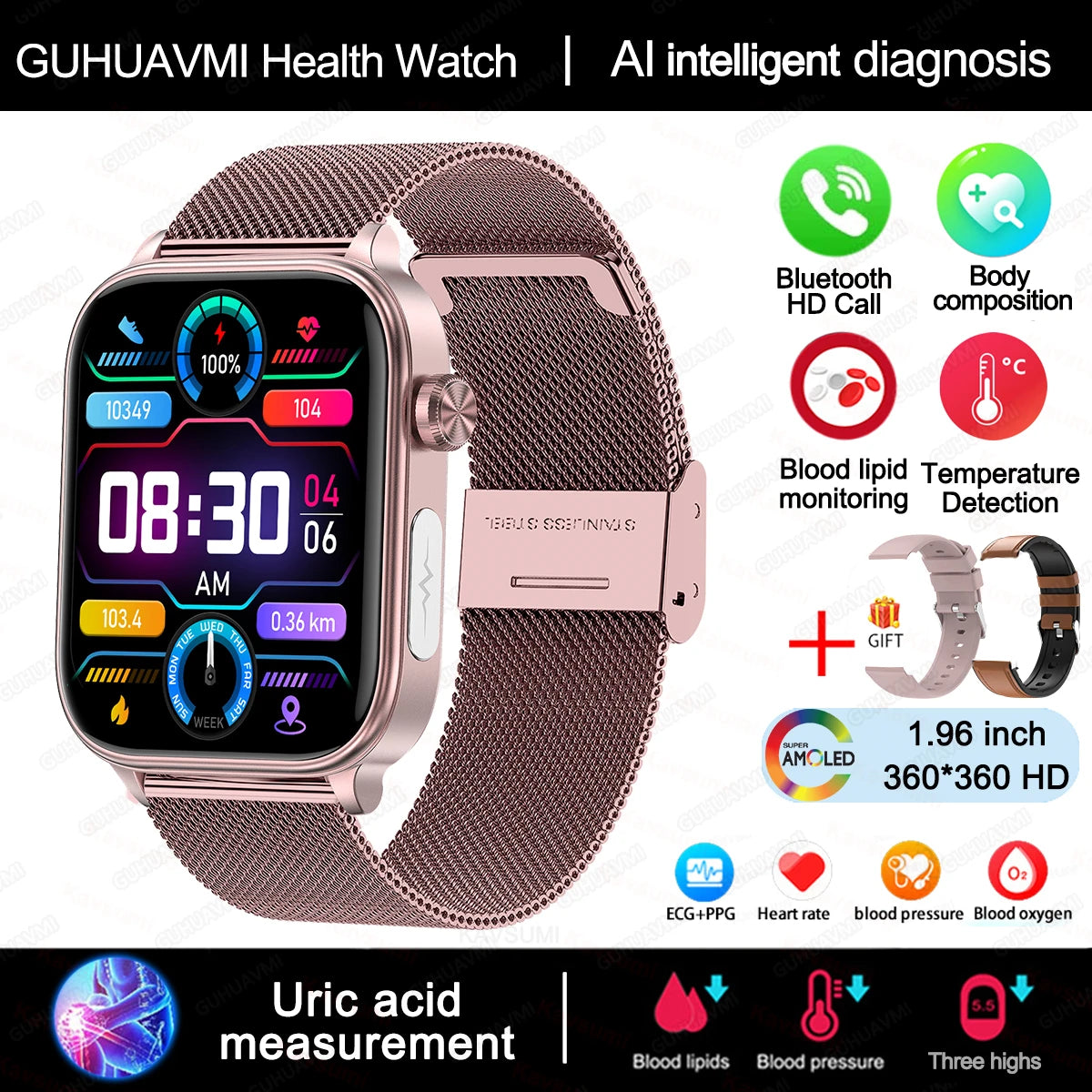 2025New Al Medical Diagnosis Blood Lpids Uric Acid Blood Glucose Smart Watch Men ECG+PPG Voice Bluetooth Call Health Smartwatch