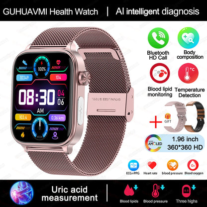 2025New Al Medical Diagnosis Blood Lpids Uric Acid Blood Glucose Smart Watch Men ECG+PPG Voice Bluetooth Call Health Smartwatch
