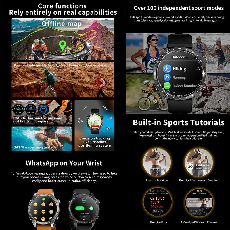 2026 New Men Smart Watch with Built in GPS Maps BT Call 100+ Sport Modes 3ATM Waterproof MP3 MP4 Playback Altitude Compass