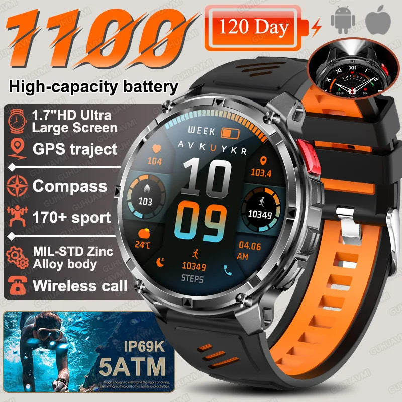 2026 New T-Rex3 Ultra 1100Mah Military Smart Watch Men 1.7"AMOLED GPS Path 5ATM Waterproof Compass LED Flashlight Smartwatch iOS