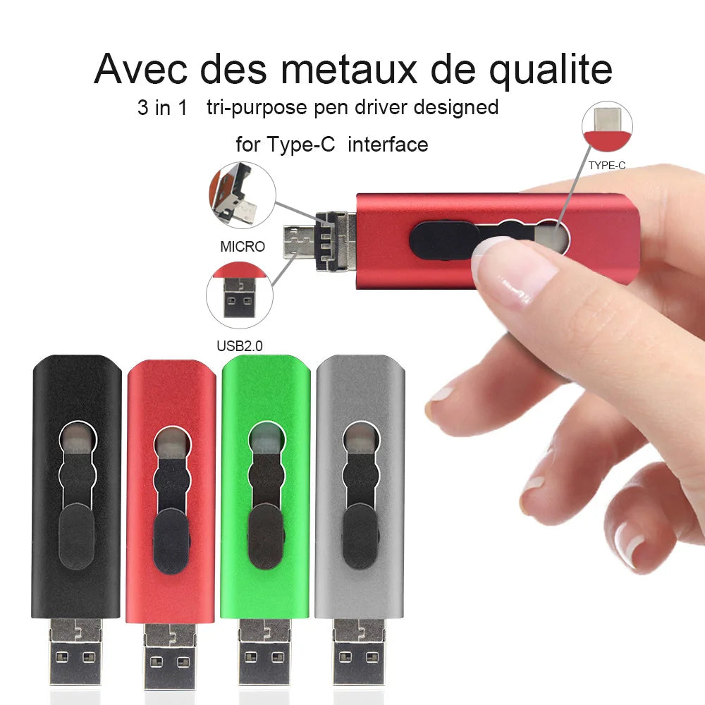 3-in-1 USB Flash Drive | USB-A, Type-C & Micro USB | OTG