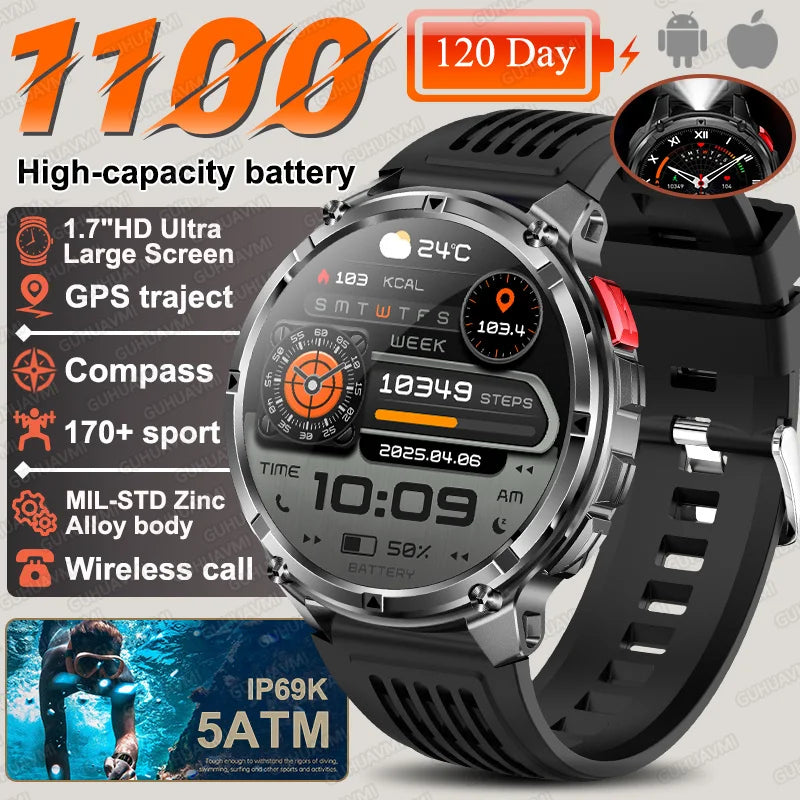 2026 New T-Rex3 Ultra 1100Mah Military Smart Watch Men 1.7"AMOLED GPS Path 5ATM Waterproof Compass LED Flashlight Smartwatch iOS