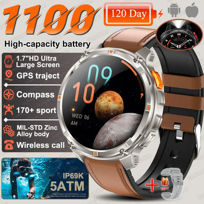 2026 New T-Rex3 Ultra 1100Mah Military Smart Watch Men 1.7"AMOLED GPS Path 5ATM Waterproof Compass LED Flashlight Smartwatch iOS