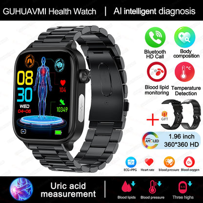 2025New Al Medical Diagnosis Blood Lpids Uric Acid Blood Glucose Smart Watch Men ECG+PPG Voice Bluetooth Call Health Smartwatch
