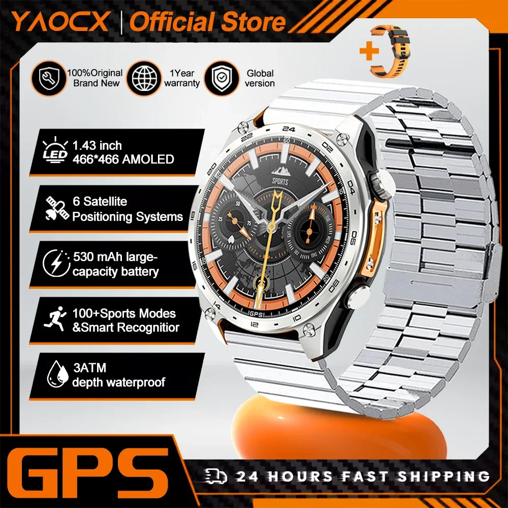 2026 New Men Smart Watch with Built in GPS Maps BT Call 100+ Sport Modes 3ATM Waterproof MP3 MP4 Playback Altitude Compass