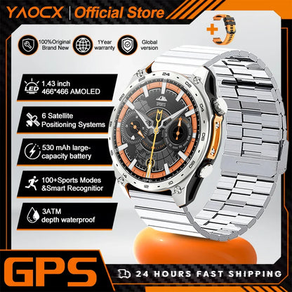 2026 New Men Smart Watch with Built in GPS Maps BT Call 100+ Sport Modes 3ATM Waterproof MP3 MP4 Playback Altitude Compass