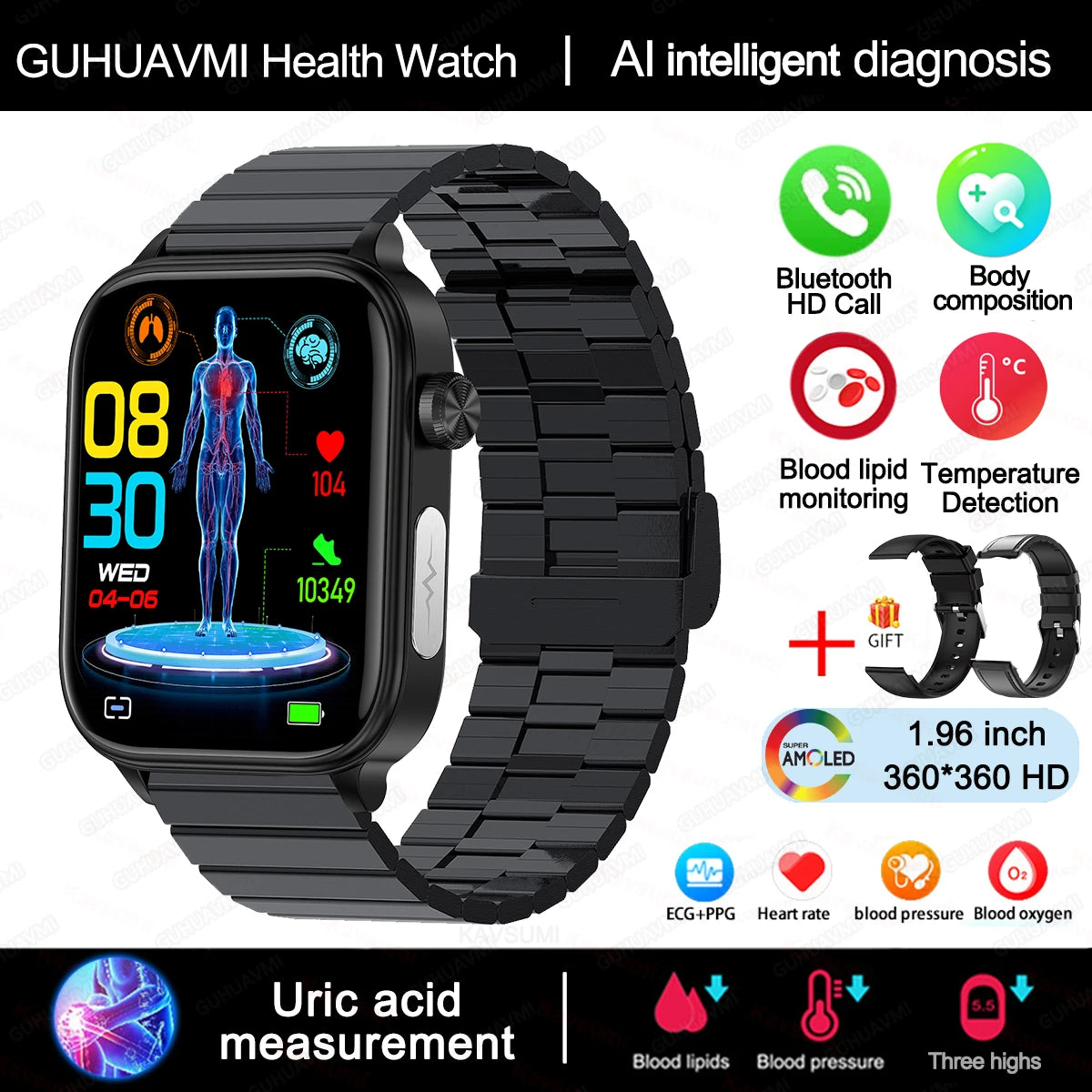 2025New Al Medical Diagnosis Blood Lpids Uric Acid Blood Glucose Smart Watch Men ECG+PPG Voice Bluetooth Call Health Smartwatch