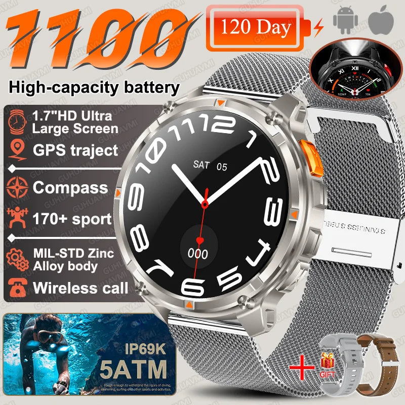 2026 New T-Rex3 Ultra 1100Mah Military Smart Watch Men 1.7"AMOLED GPS Path 5ATM Waterproof Compass LED Flashlight Smartwatch iOS