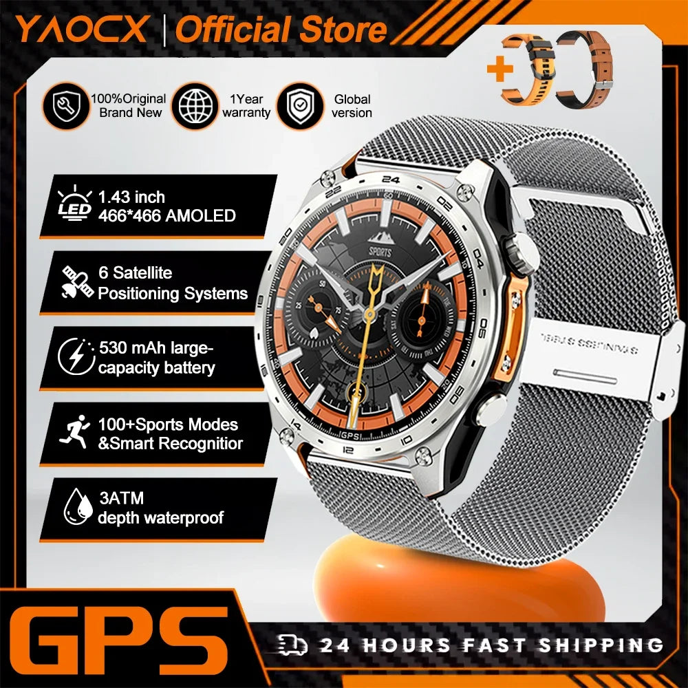 2026 New Men Smart Watch with Built in GPS Maps BT Call 100+ Sport Modes 3ATM Waterproof MP3 MP4 Playback Altitude Compass